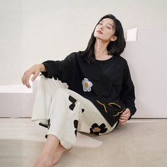 Black Flowers Print Full Sleeves Printed Pjs