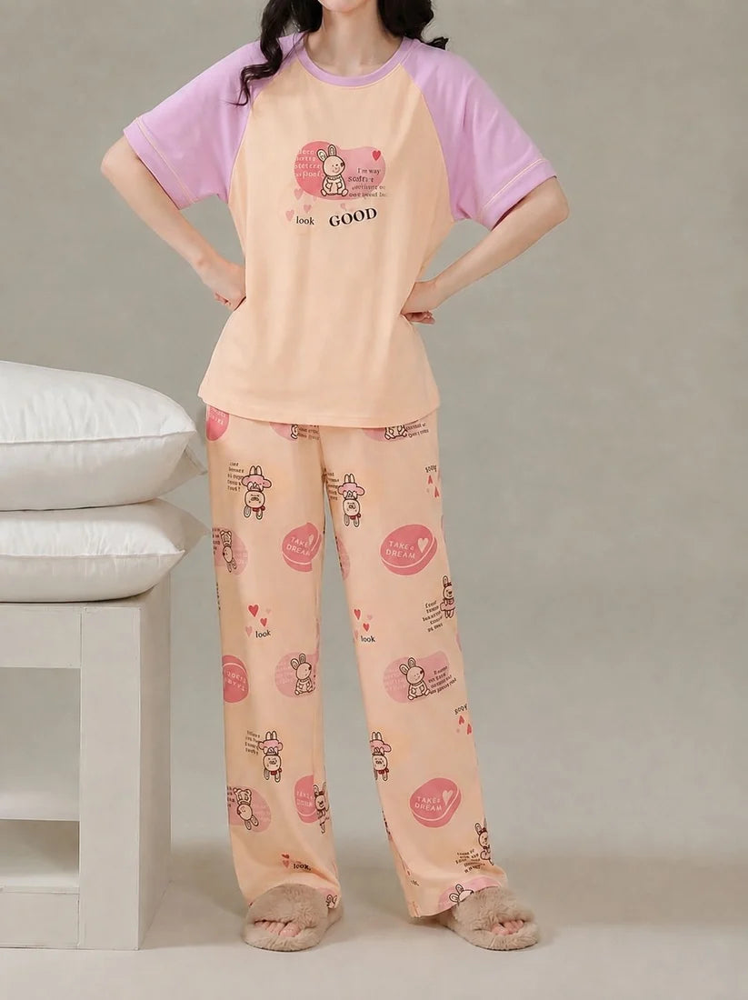 Pink Bunny Dream Printed Half Sleeves Night Suit