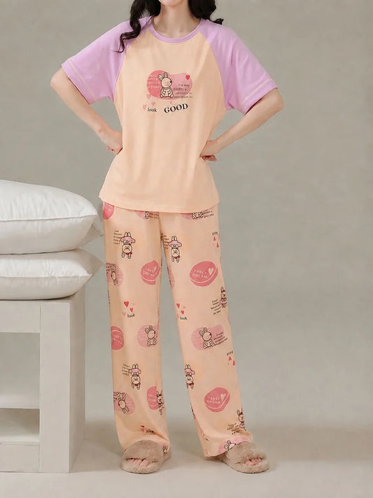 Pink Bunny Dream Printed Half Sleeves Night Suit