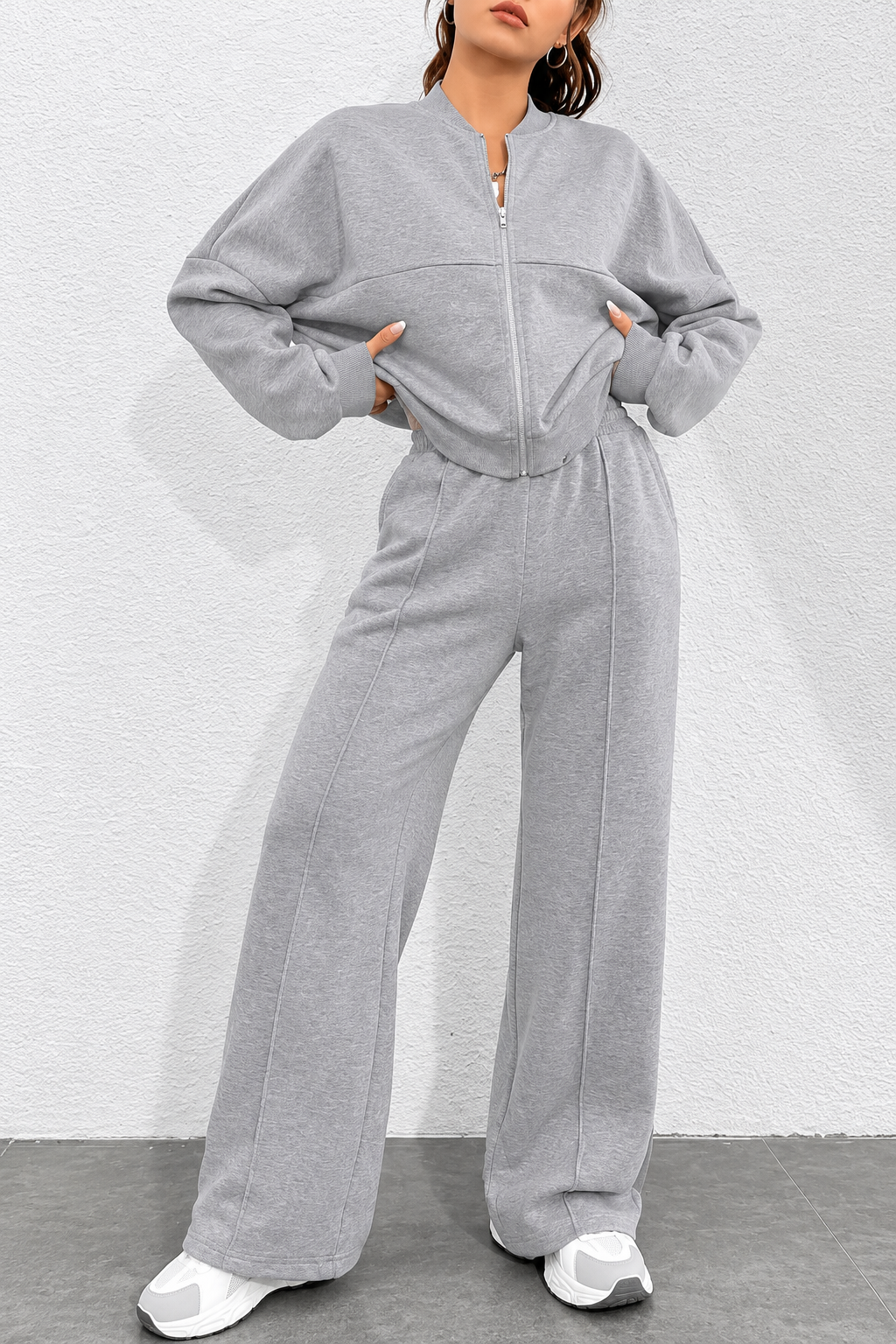 Light Grey Zipper Fleece Wide Leg Track Suit
