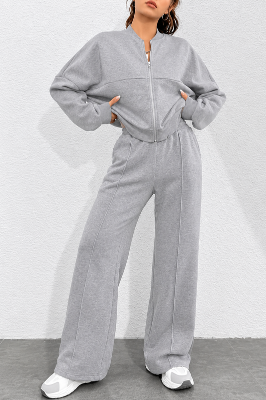 Light Grey Zipper Fleece Wide Leg Track Suit