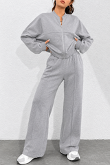 Light Grey Zipper Fleece Wide Leg Track Suit