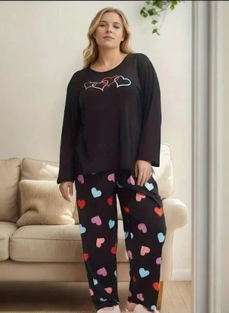 Black Multi Hearts Print Full Sleeves Night Suit