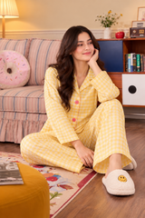 Yellow Check Printed Button Night Suit