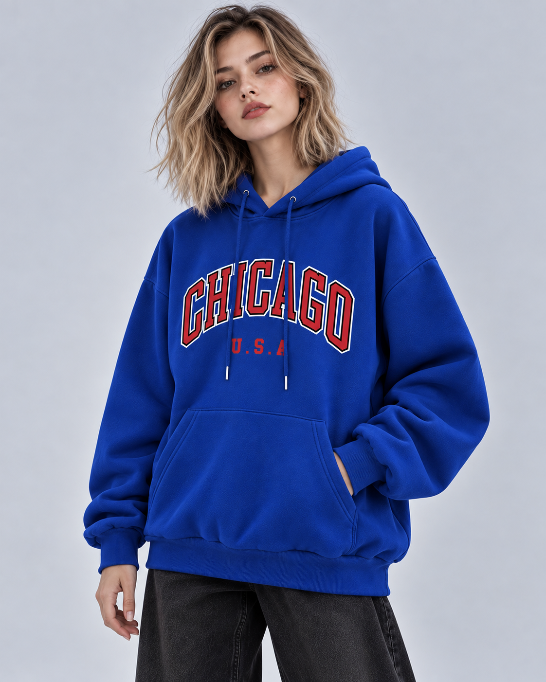 Royal Blue Chicago Graphic Oversized Hoodie