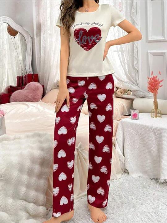 Off White Heart With Maroon Hearts Printed Night Wear