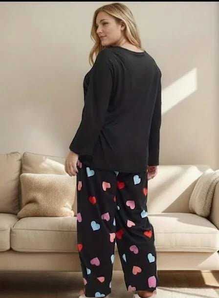 Black Multi Hearts Print Full Sleeves Night Suit