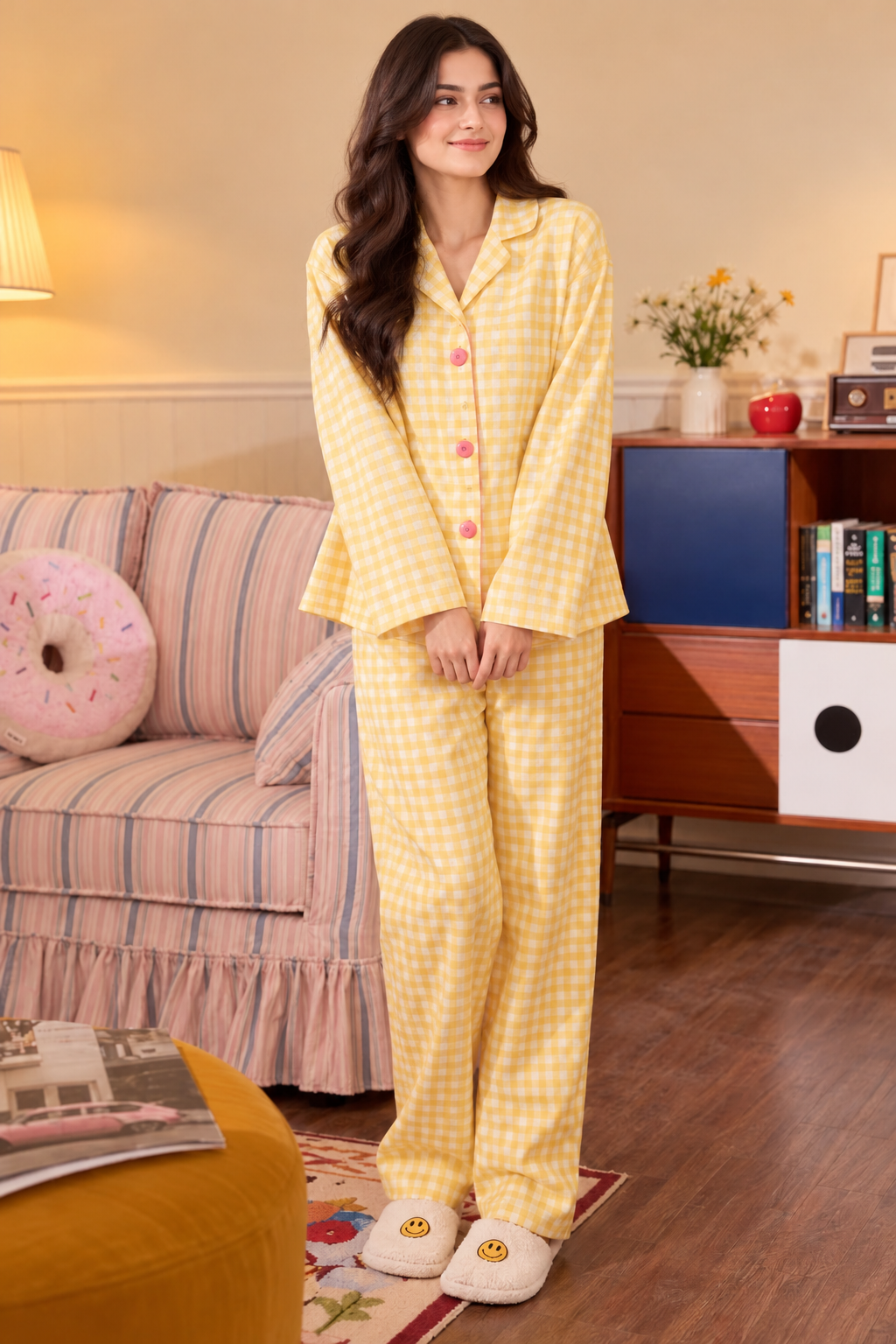 Yellow Check Printed Button Night Suit