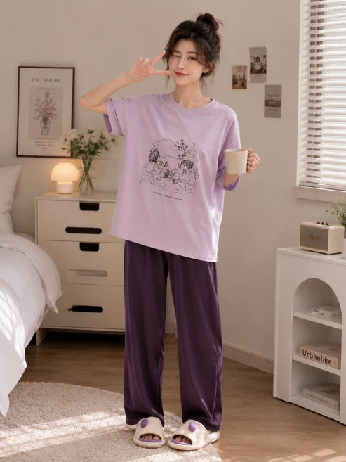 Pink Maroon Floral Girl Graphic Printed Half Sleeves Night Suit