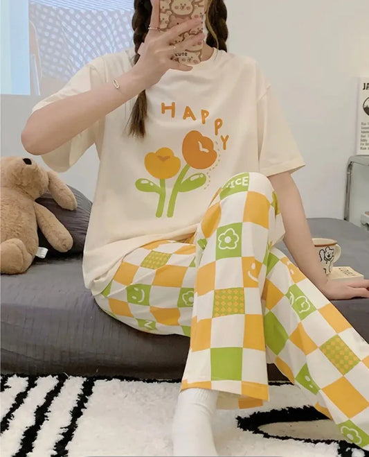 Off White Happy Flower Printed Half Sleeves Night Suit