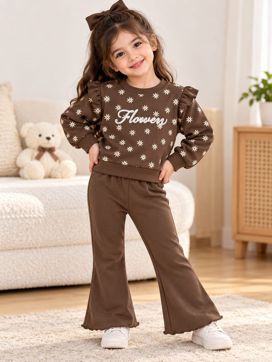 Brown Floral Bell Bottom Kids Track Suit