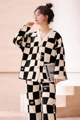 Off White with Black Check V-Neck Button Printed Pjs