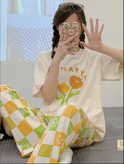 Off White Happy Flower Printed Half Sleeves Night Suit