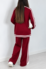 Maroon & White Double Stripe V-Neck Fleece Track Suit