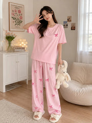 Pink Bow with Stripe Printed Half Sleeves Night Suit