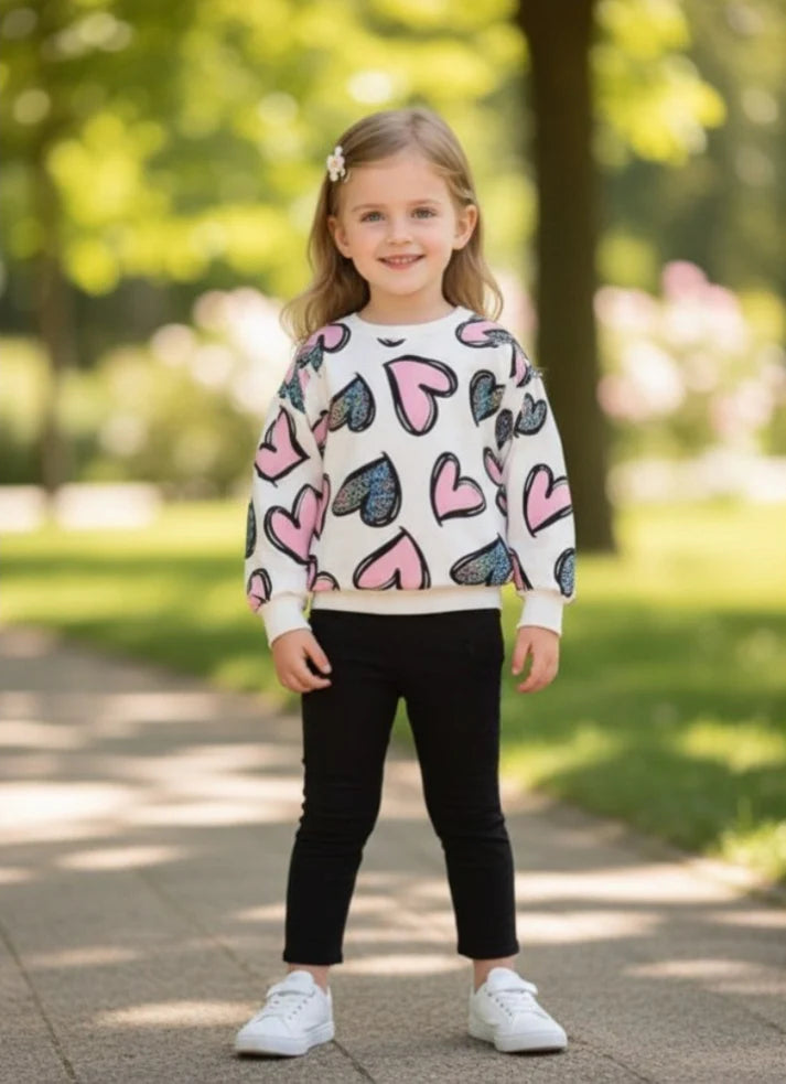 White With Pink And Black Hearts Printed Kids Track Suit
