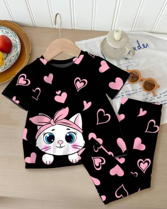 Black Kitty With Pink Hearts Print Kids Night Suit (KO-601)