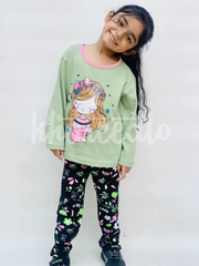 Green Sleepy Princess Printed Kids Night Suit (KO-621)