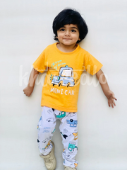 Yellow Mini Car Printed Half Sleeves T-Shirt with White Cars Printed Pajama For Kids (KO-603)