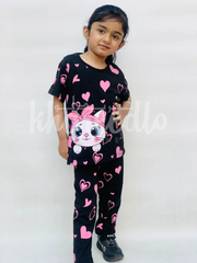 Black Kitty With Pink Hearts Print Kids Night Suit (KO-601)