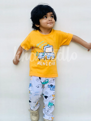 Yellow Mini Car Printed Half Sleeves T-Shirt with White Cars Printed Pajama For Kids (KO-603)