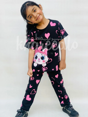 Black Kitty With Pink Hearts Print Kids Night Suit (KO-601)