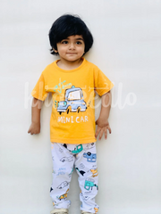 Yellow Mini Car Printed Half Sleeves T-Shirt with White Cars Printed Pajama For Kids (KO-603)