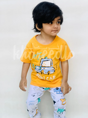 Yellow Mini Car Printed Half Sleeves T-Shirt with White Cars Printed Pajama For Kids (KO-603)