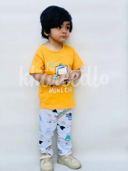 Yellow Mini Car Printed Half Sleeves T-Shirt with White Cars Printed Pajama For Kids (KO-603)