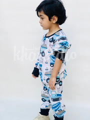 White and Blue Big Truck Printed Kids Night Suit (KO-615)