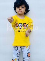 Yellow Lion Printed Full Sleeves T-shirt with Off White Lion Printed Pajama Kids Suits (KO-620)