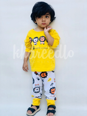 Yellow Lion Printed Full Sleeves T-shirt with Off White Lion Printed Pajama Kids Suits (KO-620)