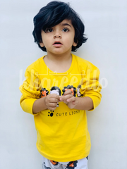 Yellow Lion Printed Full Sleeves T-shirt with Off White Lion Printed Pajama Kids Suits (KO-620)