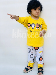 Yellow Lion Printed Full Sleeves T-shirt with Off White Lion Printed Pajama Kids Suits (KO-620)