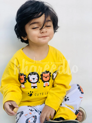 Yellow Lion Printed Full Sleeves T-shirt with Off White Lion Printed Pajama Kids Suits (KO-620)