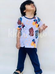 White Multi Bears Print Kids Night Suit (KO-608)