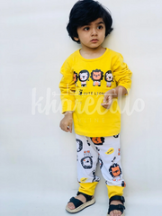 Yellow Lion Printed Full Sleeves T-shirt with Off White Lion Printed Pajama Kids Suits (KO-620)