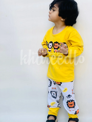 Yellow Lion Printed Full Sleeves T-shirt with Off White Lion Printed Pajama Kids Suits (KO-620)