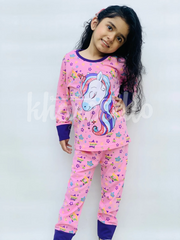 Pink Unicorn Multi Star Printed Full Sleeves Printed Pajama Kids Night Suit (KO-617)