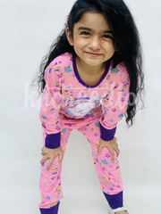 Pink Unicorn Multi Star Printed Full Sleeves Printed Pajama Kids Night Suit (KO-617)