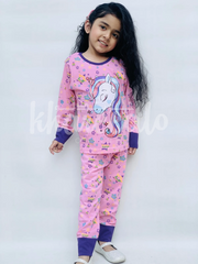 Pink Unicorn Multi Star Printed Full Sleeves Printed Pajama Kids Night Suit (KO-617)