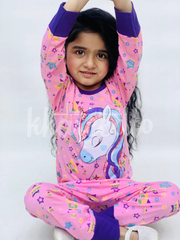 Pink Unicorn Multi Star Printed Full Sleeves Printed Pajama Kids Night Suit (KO-617)