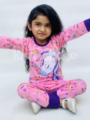 Pink Unicorn Multi Star Printed Full Sleeves Printed Pajama Kids Night Suit (KO-617)