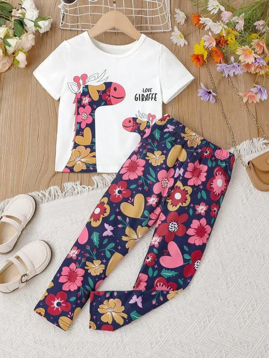 White Floral Giraffe Printed Half Sleeves Kids Suit