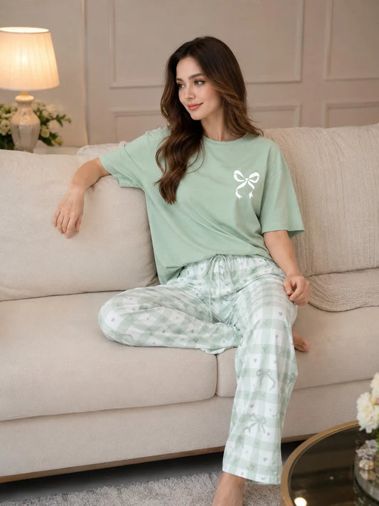 Mint Bow Printed Night Suit