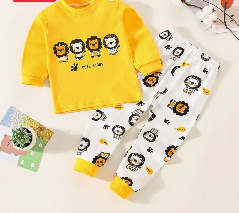 Yellow Lion Printed Full Sleeves T-shirt with Off White Lion Printed Pajama Kids Suits (KO-620)