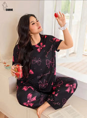 Black All over Bow Printed Half Sleeves T-shirt With Panda Printed Night Suit