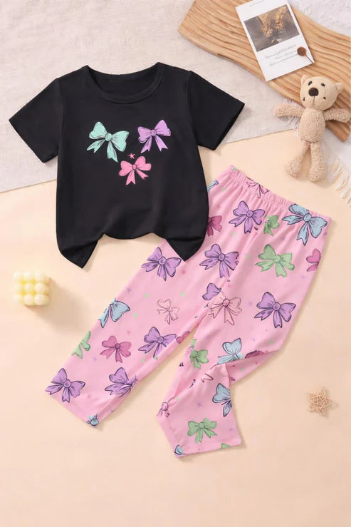 Black Bows Printed Half Sleeves Kids Suit