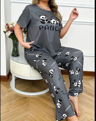 Grey Panda Printed Half Sleeves Night Suit