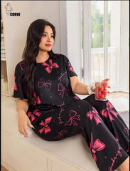 Black All over Bow Printed Half Sleeves T-shirt With Panda Printed Night Suit